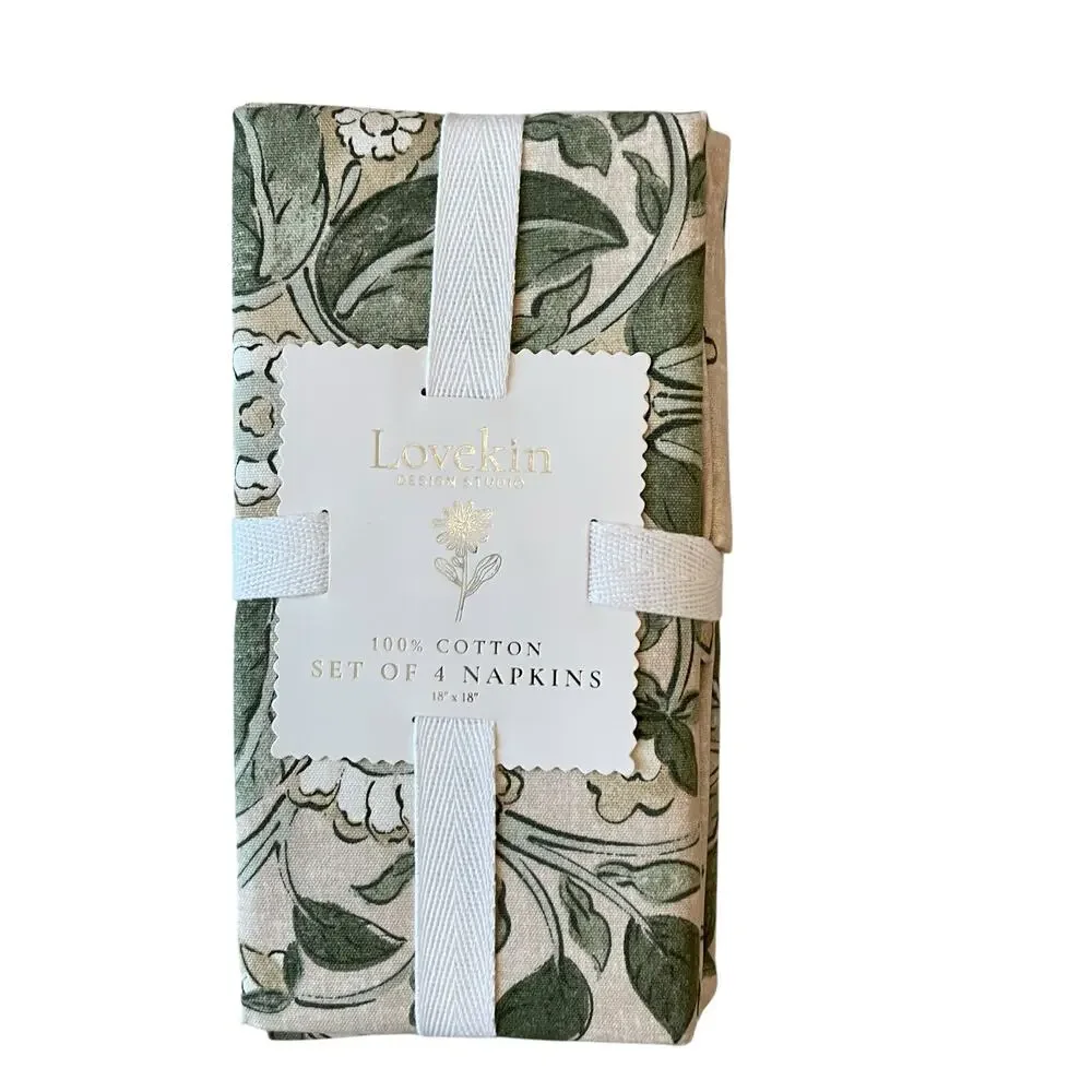 LOVEKIN Tavi Bloom Napkins 18x18 Green Spring Floral 100% Cotton NEW